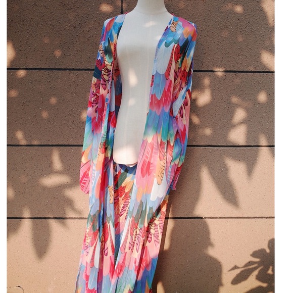CLEARANCE Bright Multi Color Feather Sheer Kimono Coverup - Picture 4 of 5